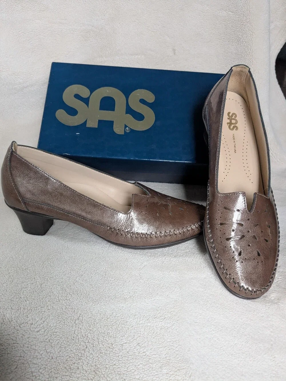 SAS Sonyo Slip On Heel Portobello Taupe Patent Leather Pumps Women's US 8.5 $179